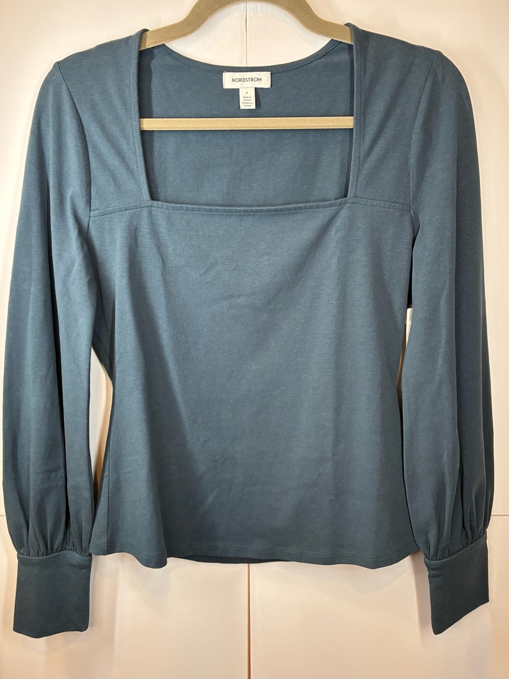 Nordstrom Women's Square Neck Long Sleeve Top Blue Puff Sleeve Blouse Small
